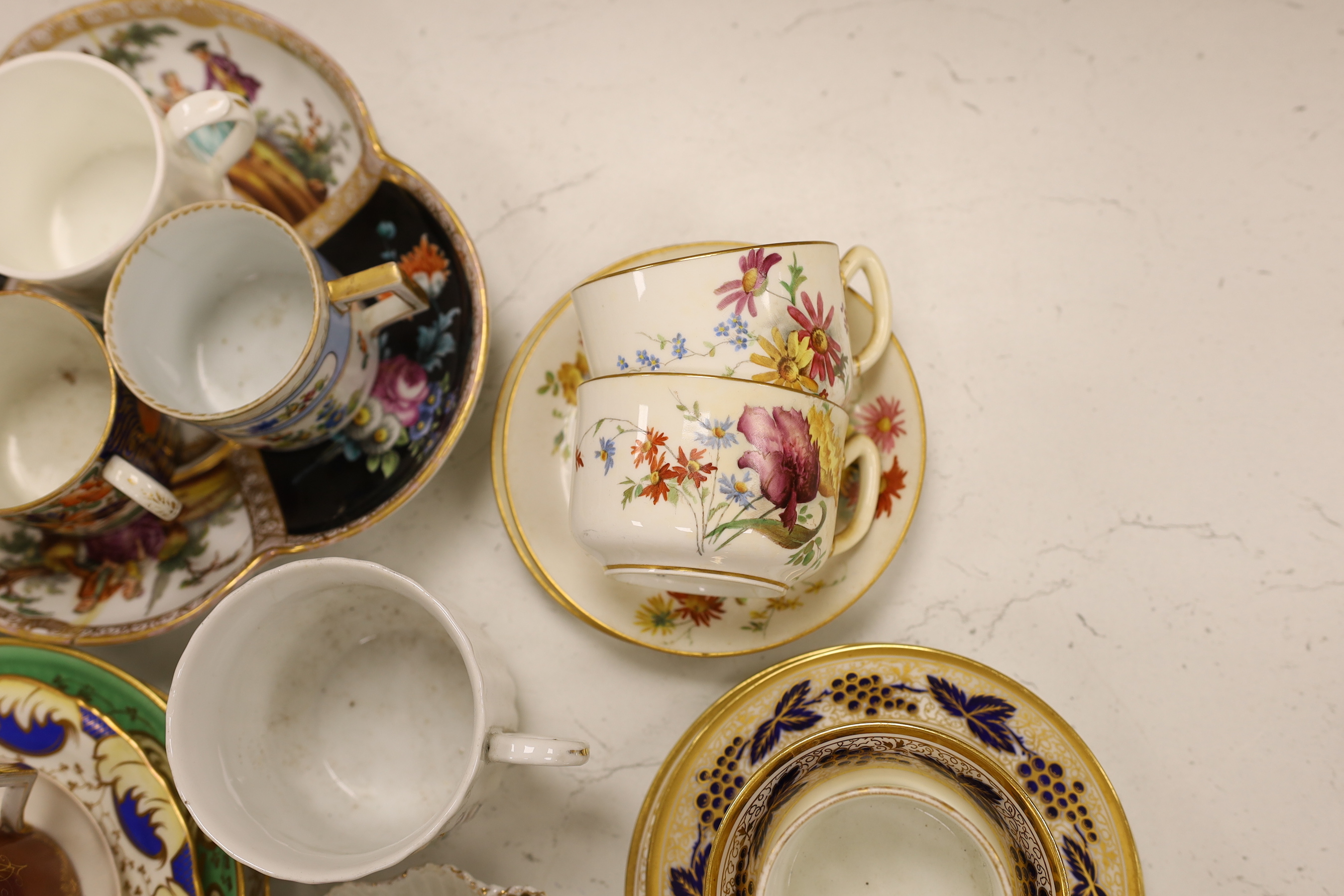 A collection of mixed 18th, 19th and 20th century Chinese and Continental teawares, including cups and sauces and two serving dishes